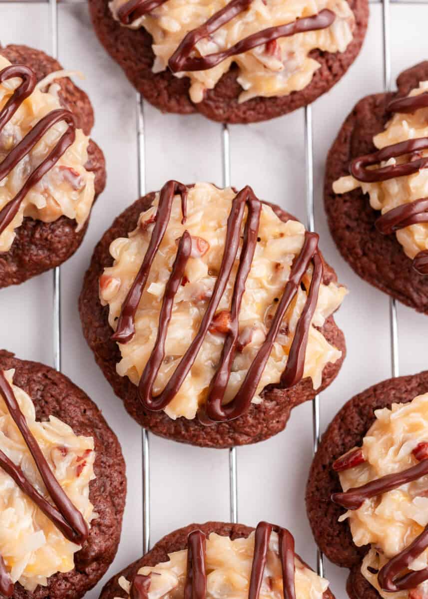 german chocolate cookies on cooling rack