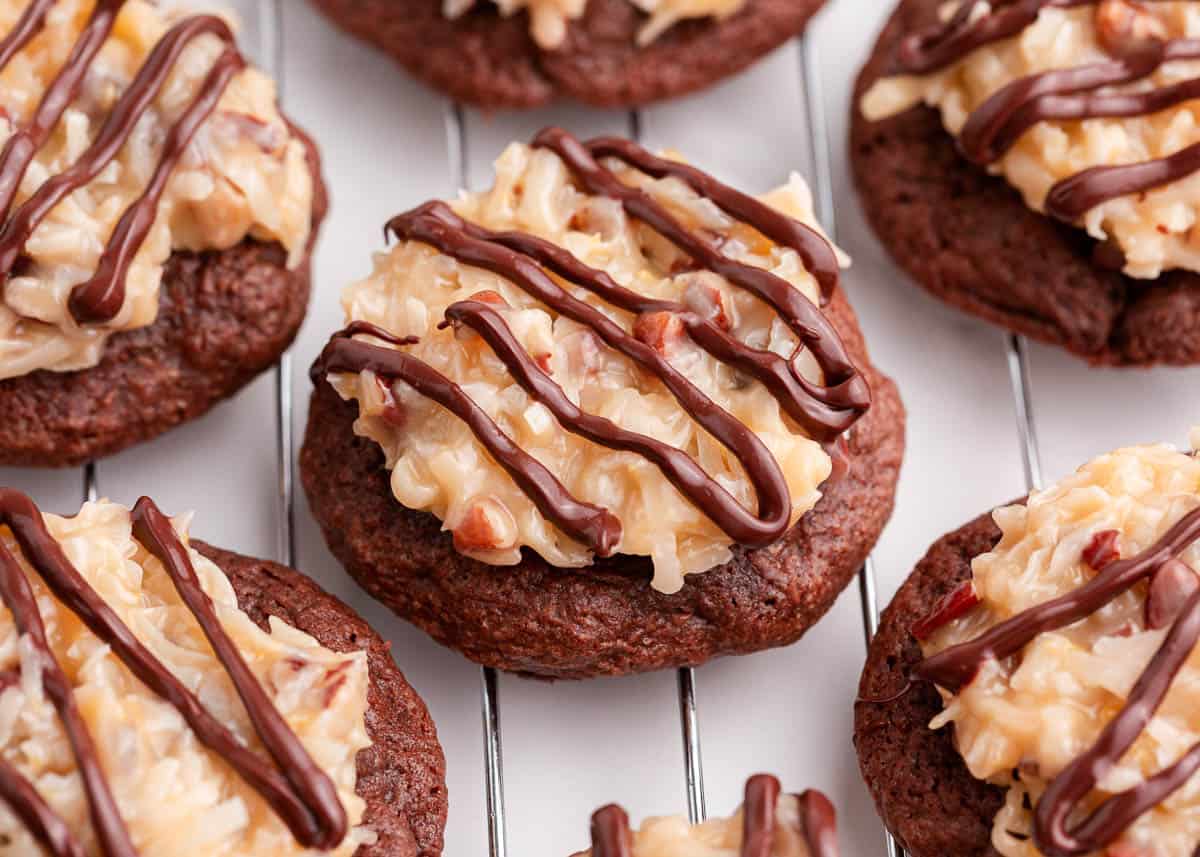 german chocolate cookies on cooling rack