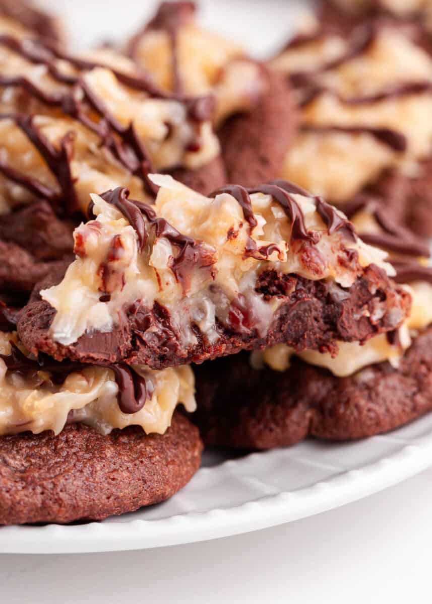 stacked german chocolate cookies on plate