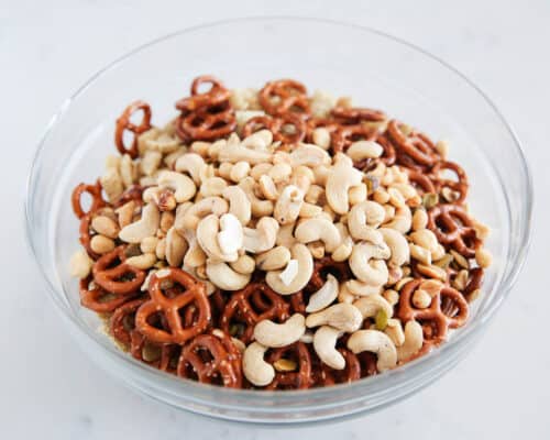 pretzels and nuts in a bowl