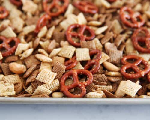 chex mix on a baking sheet