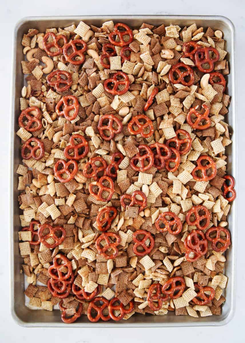 chex mix on a baking sheet