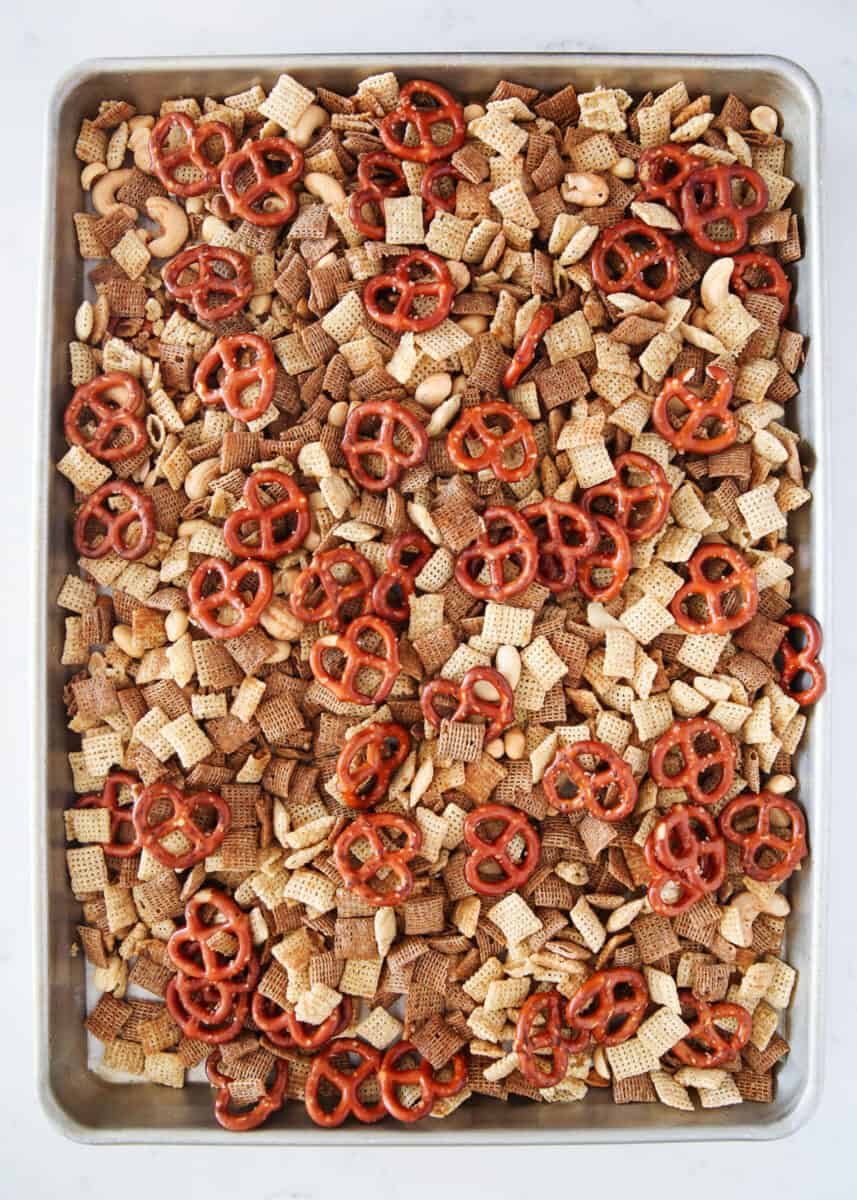 chex mix on a baking sheet