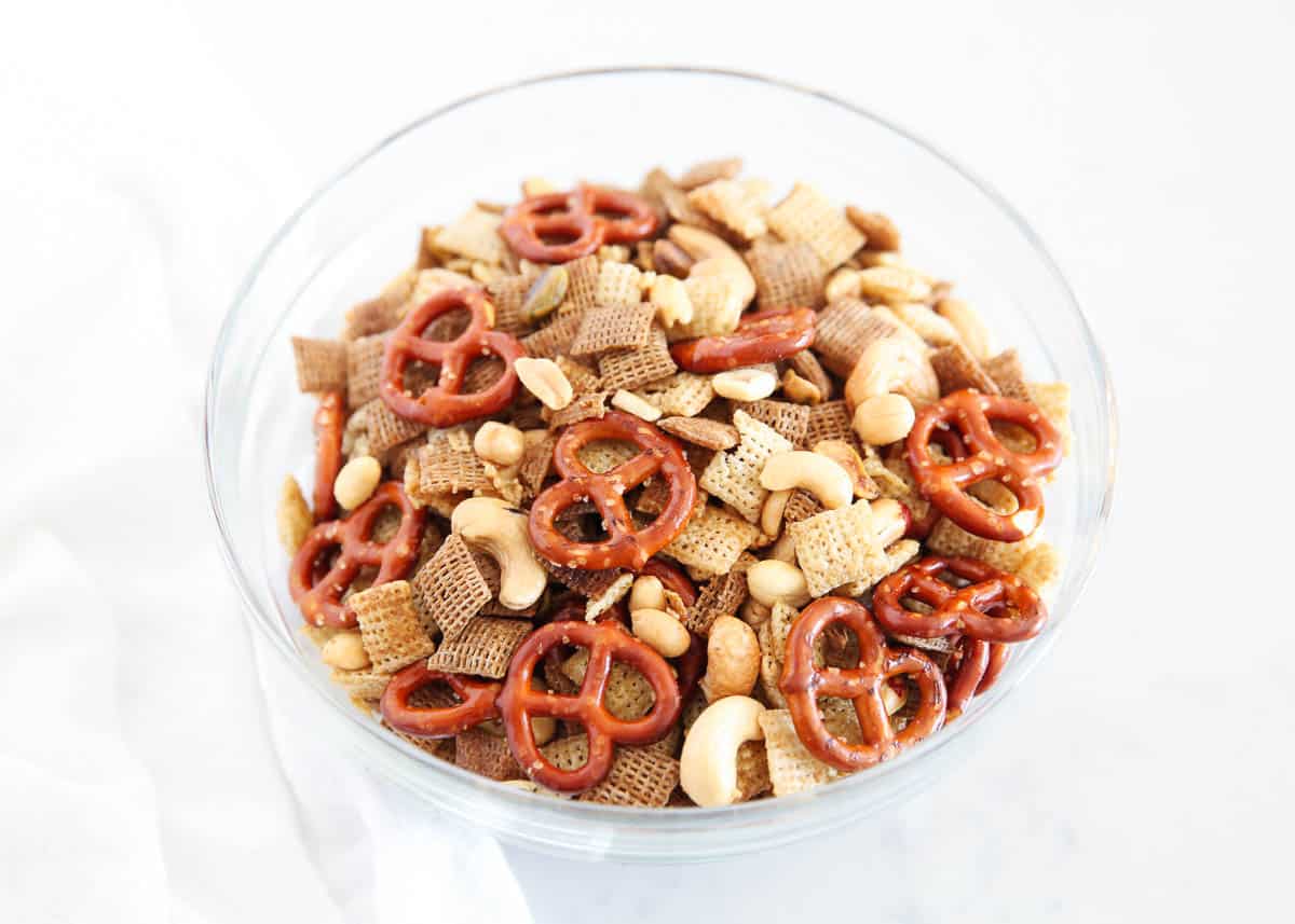 homemade chex mix in a bowl