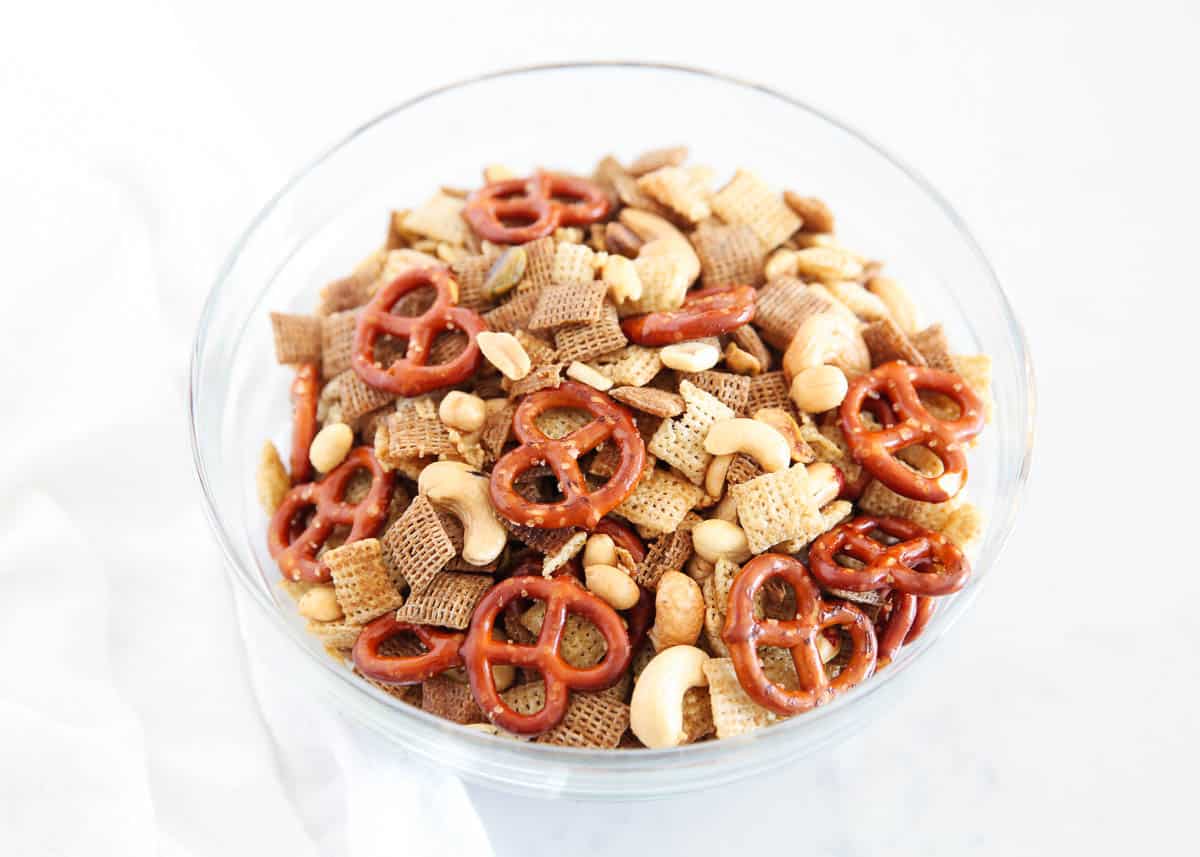 homemade chex mix in a bowl