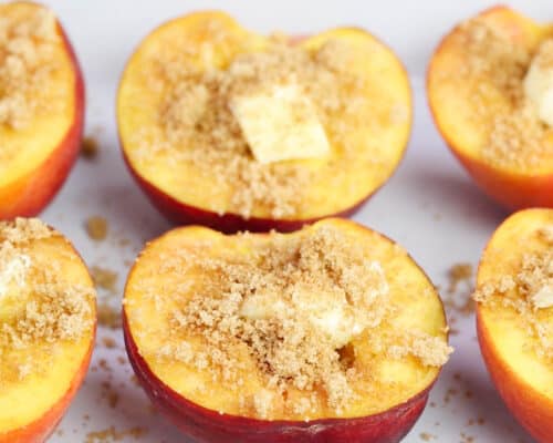 baked peaches in baking dish