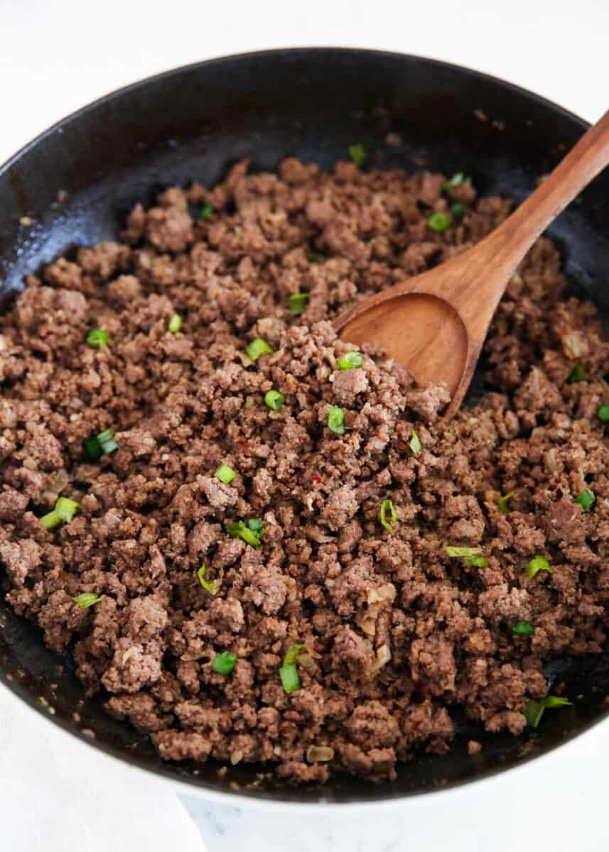 korean ground beef bowl in skillet