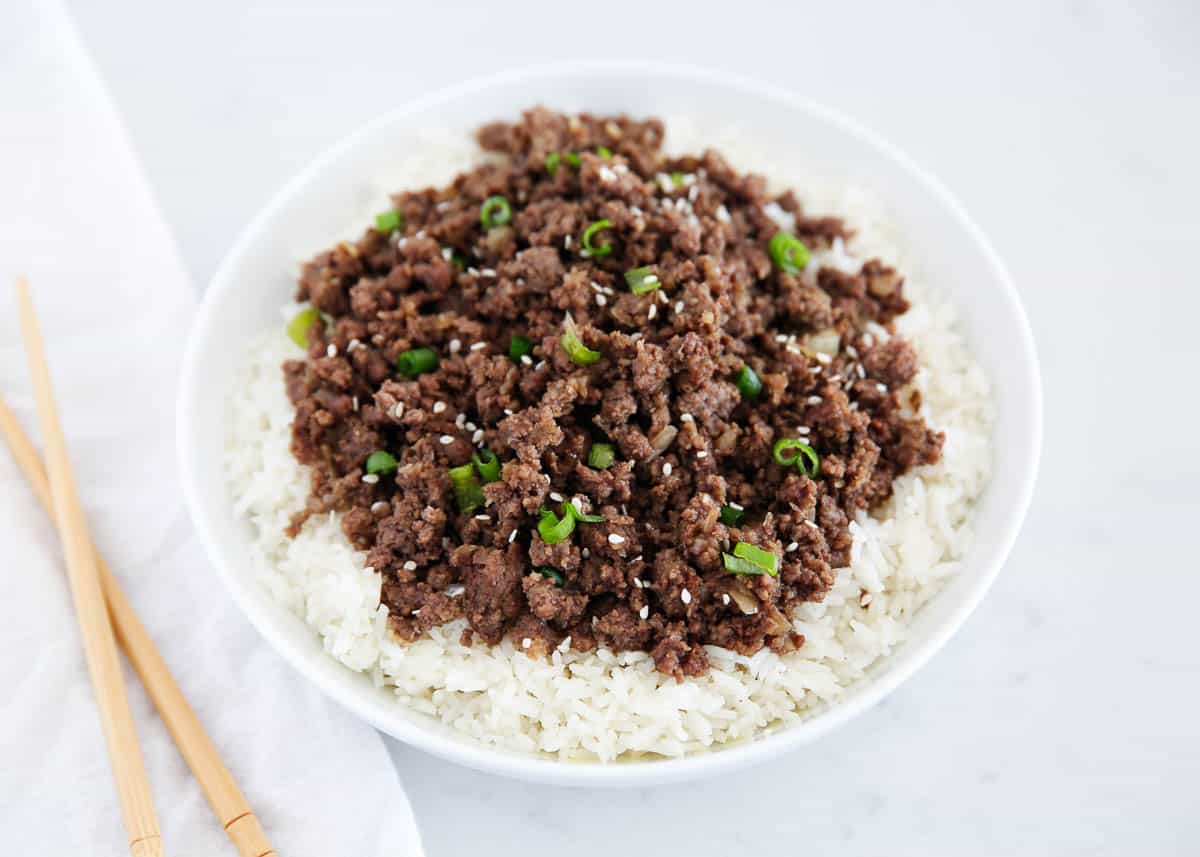 korean ground beef bowl on counter