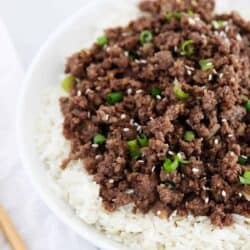 korean ground beef over rice in bowl