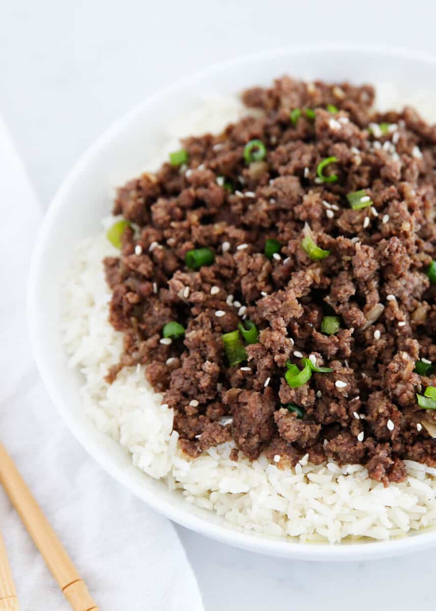 korean ground beef over rice in bowl