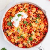 skillet full of mexican chicken and rice