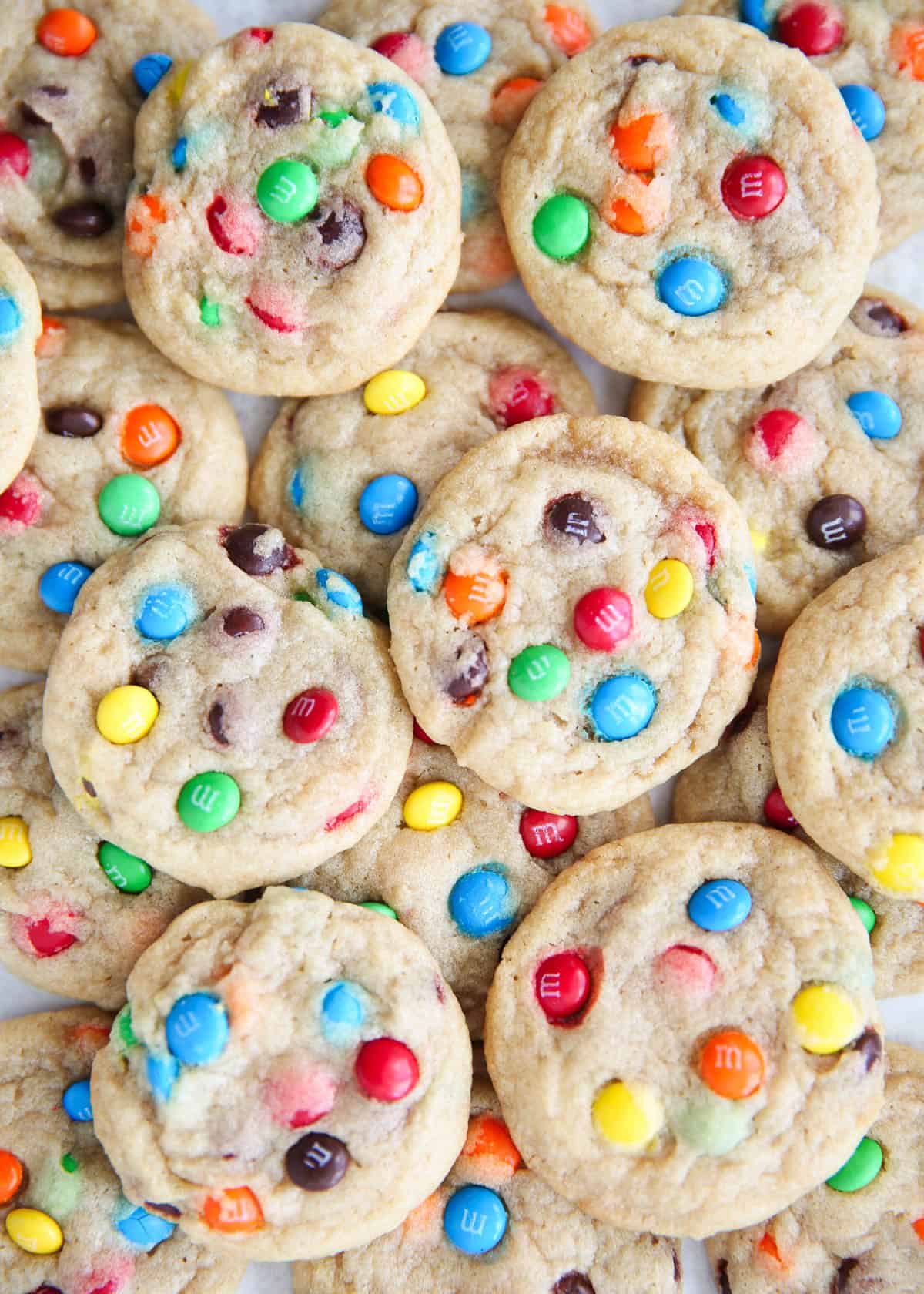 Mini m&m cookies on counter.