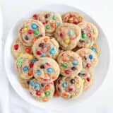 mini m&m cookies on white plate