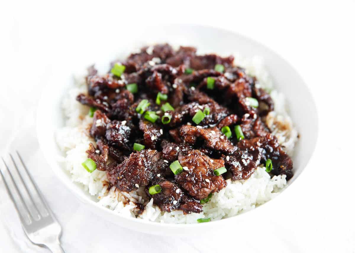 Mongolian beef and rice in bowl