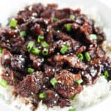 mongolian beef and rice in bowl