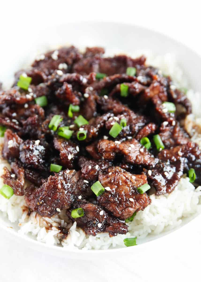 mongolian beef and rice in bowl