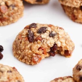 bite taken from oatmeal raisin cookies