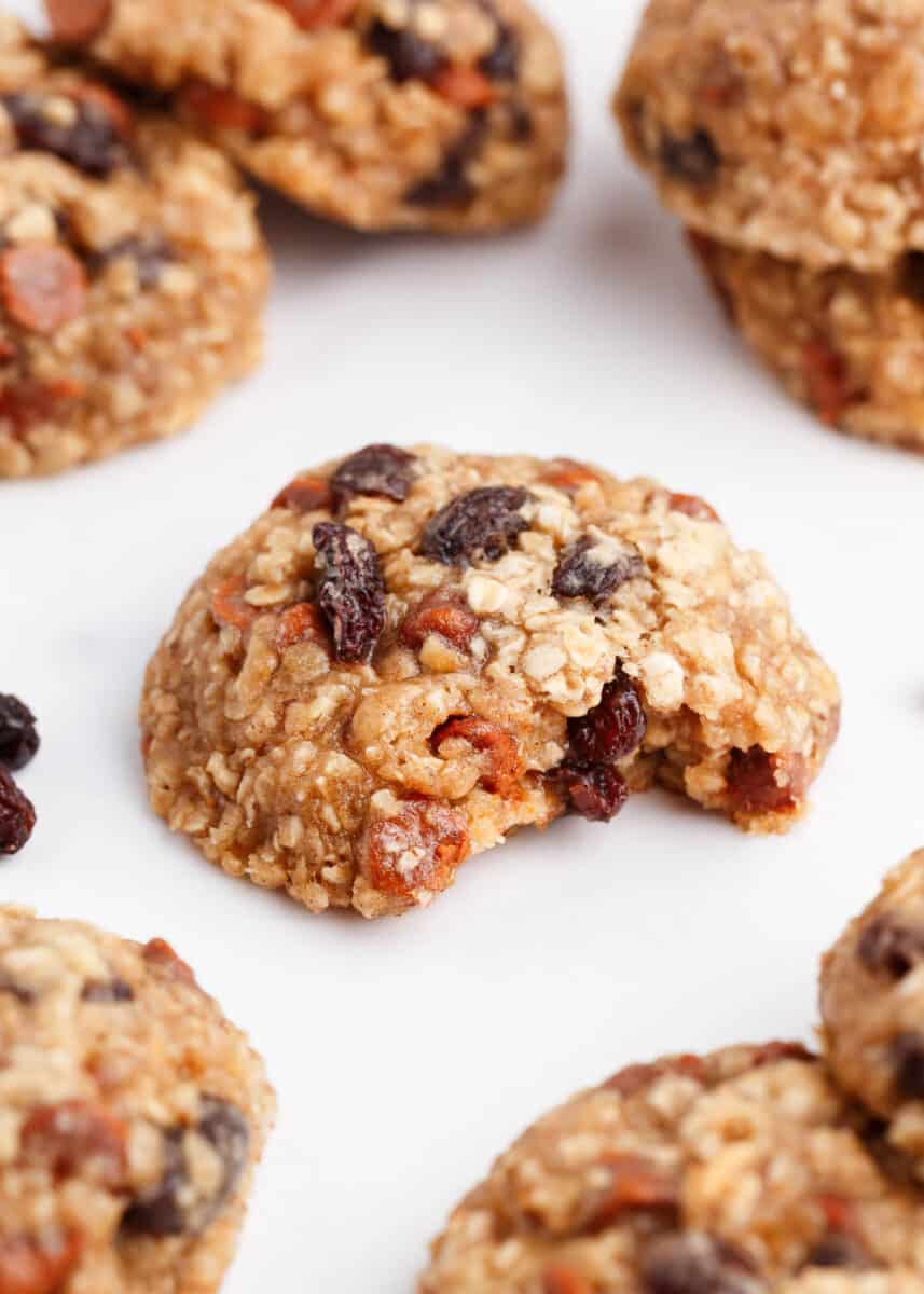 bite taken from oatmeal raisin cookies