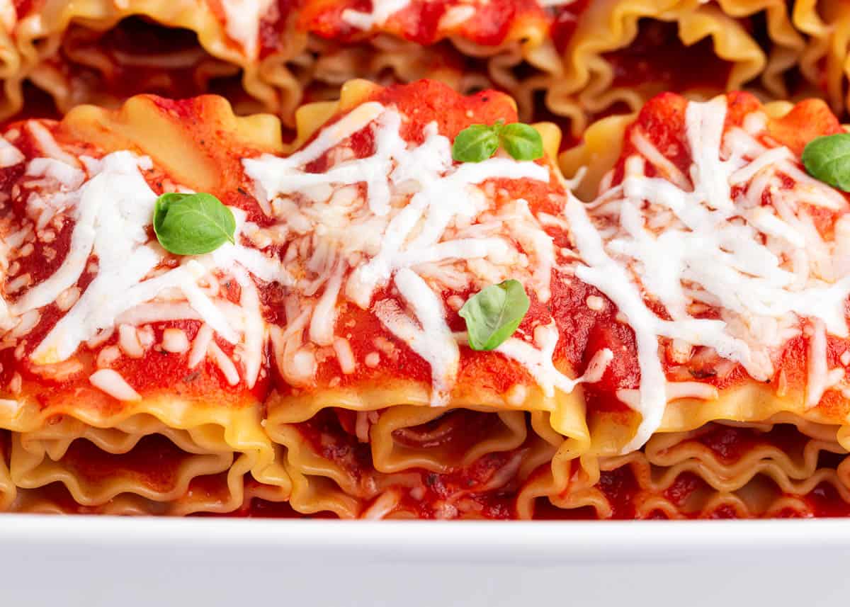 lasagna rolls ups in baking dish