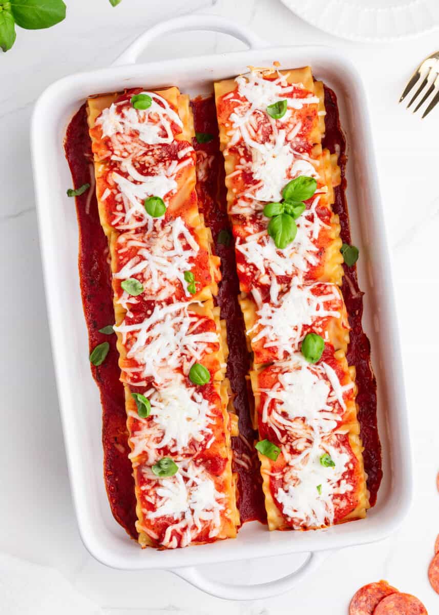 pepperoni lasagna roll ups inside of baking sheet