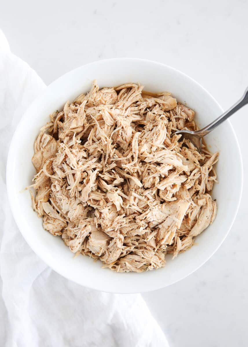 Mexican chicken in a white bowl.