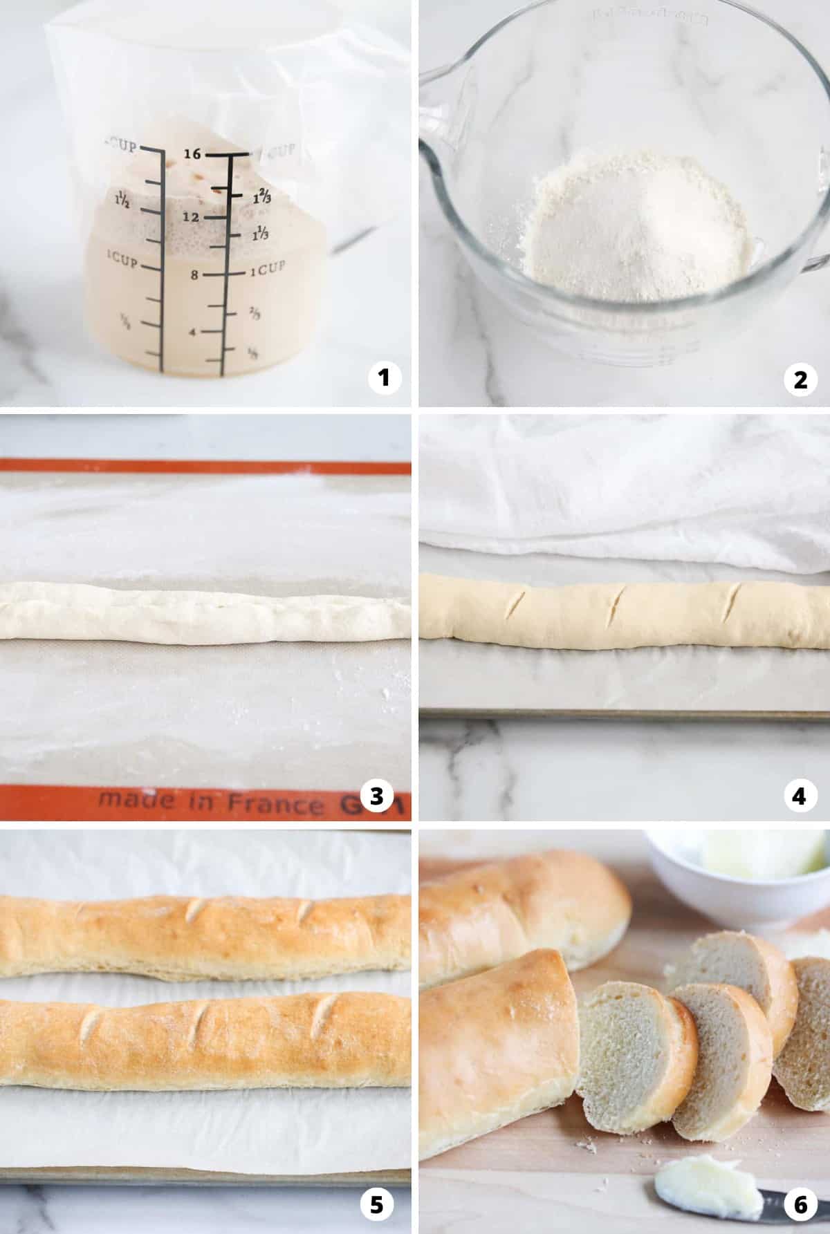 Step by step photo collage of how to make french baguette recipe.