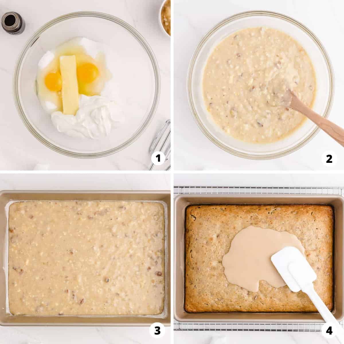 A step by step photo collage of how to make banana bread brownies.