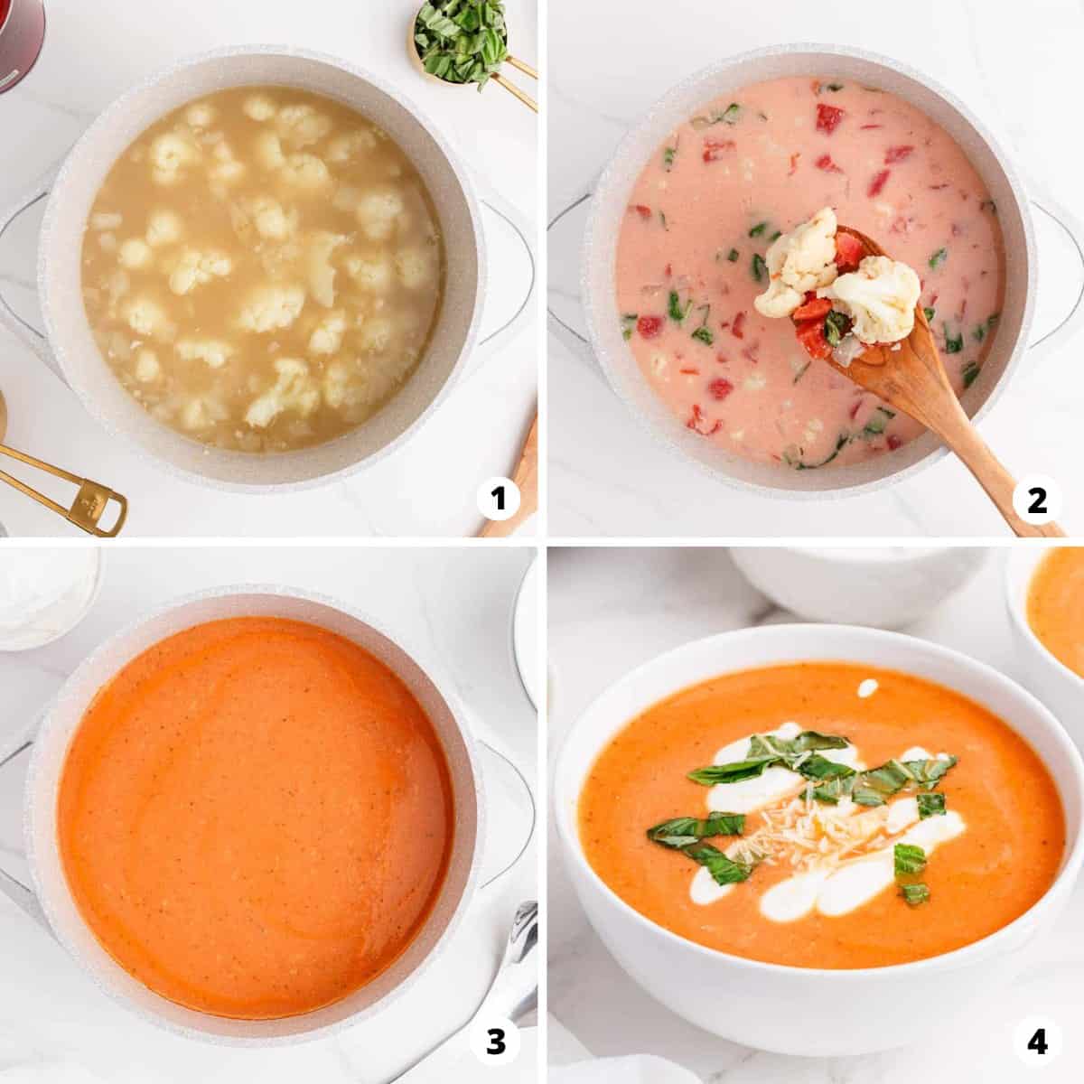 Photos showing how to make cauliflower tomato soup.