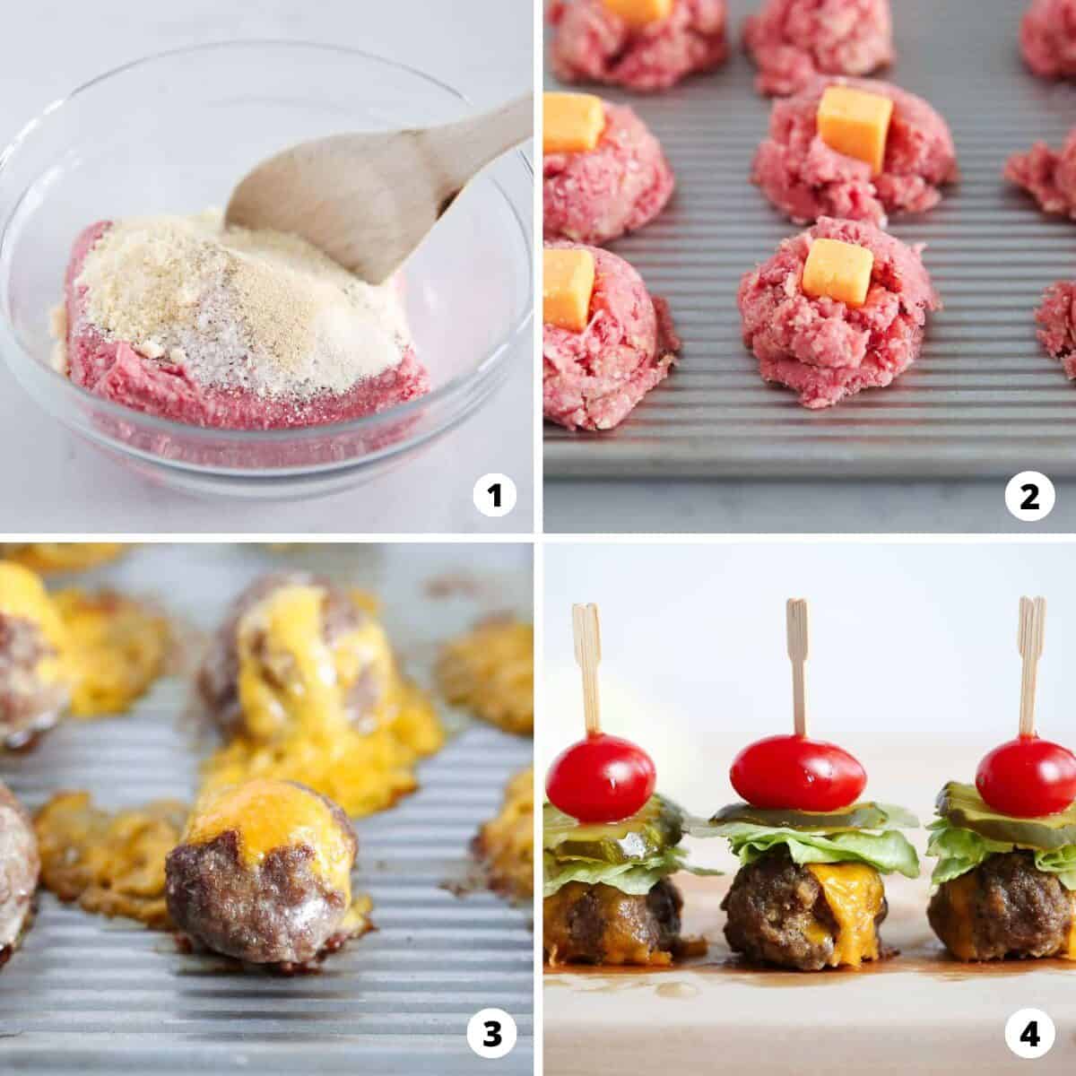 Step by step photo collage of how to make cheeseburger meatballs.