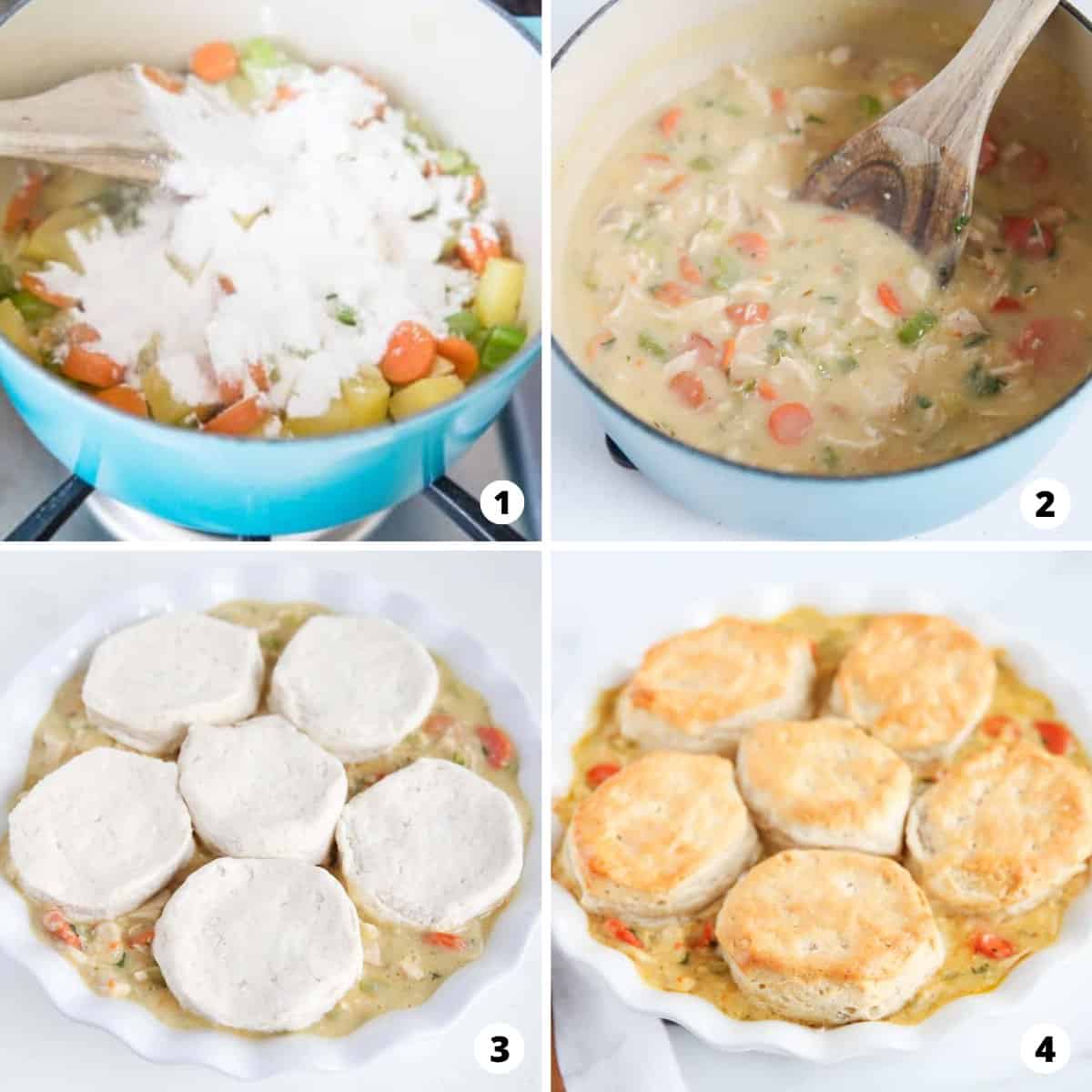 A step by step photo collage of how to make chicken pot pie with biscuits.