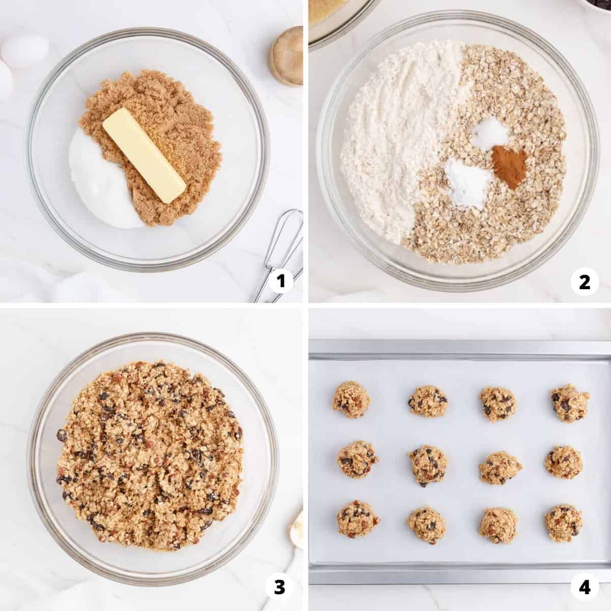 Step by step photo collage of how to make oatmeal raisin cookies.