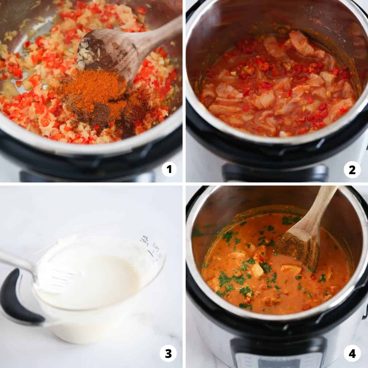 Photos showing step by step how to make Instant Pot butter chicken.