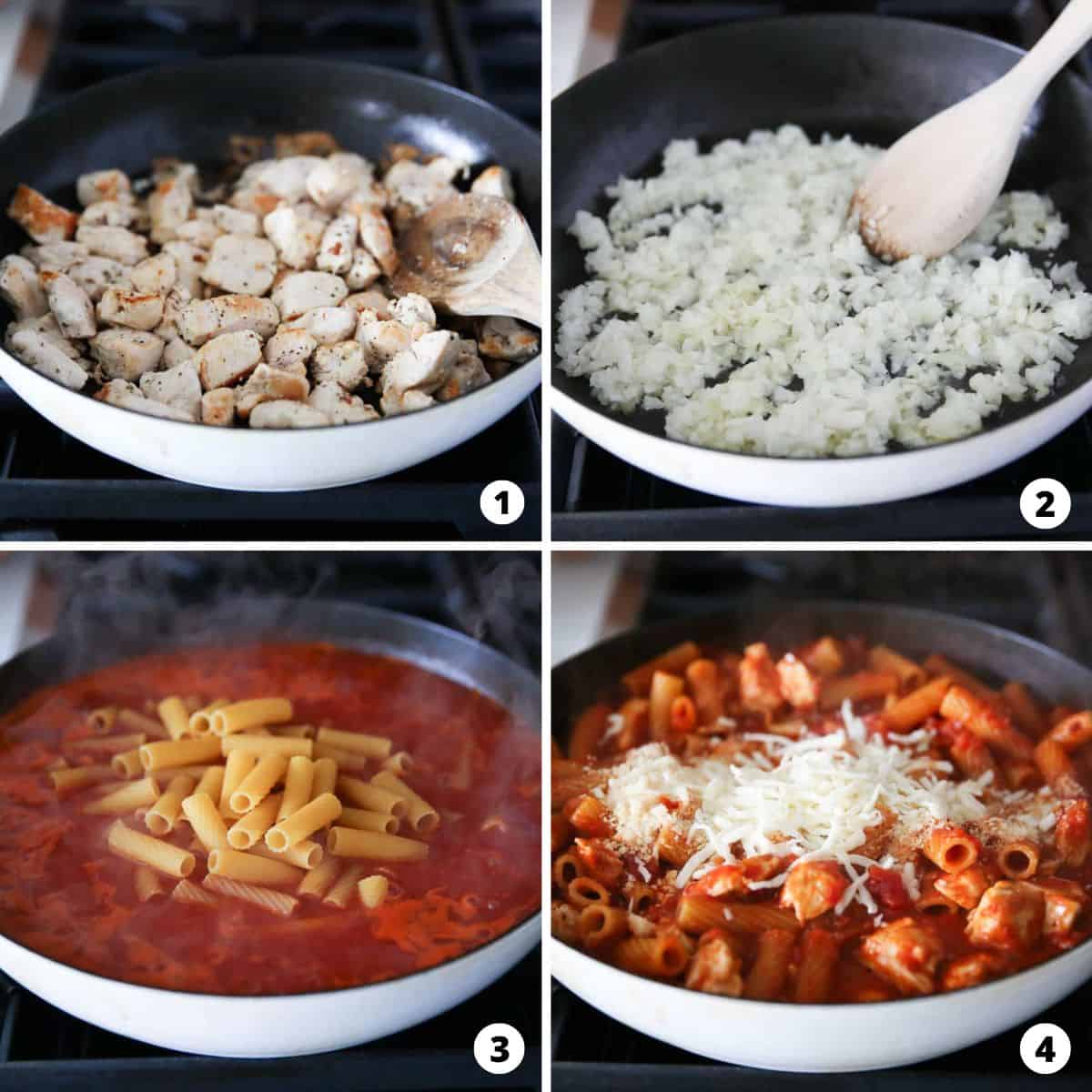 Step by step photo collage on how to make one pot chicken parmesan pasta. 
