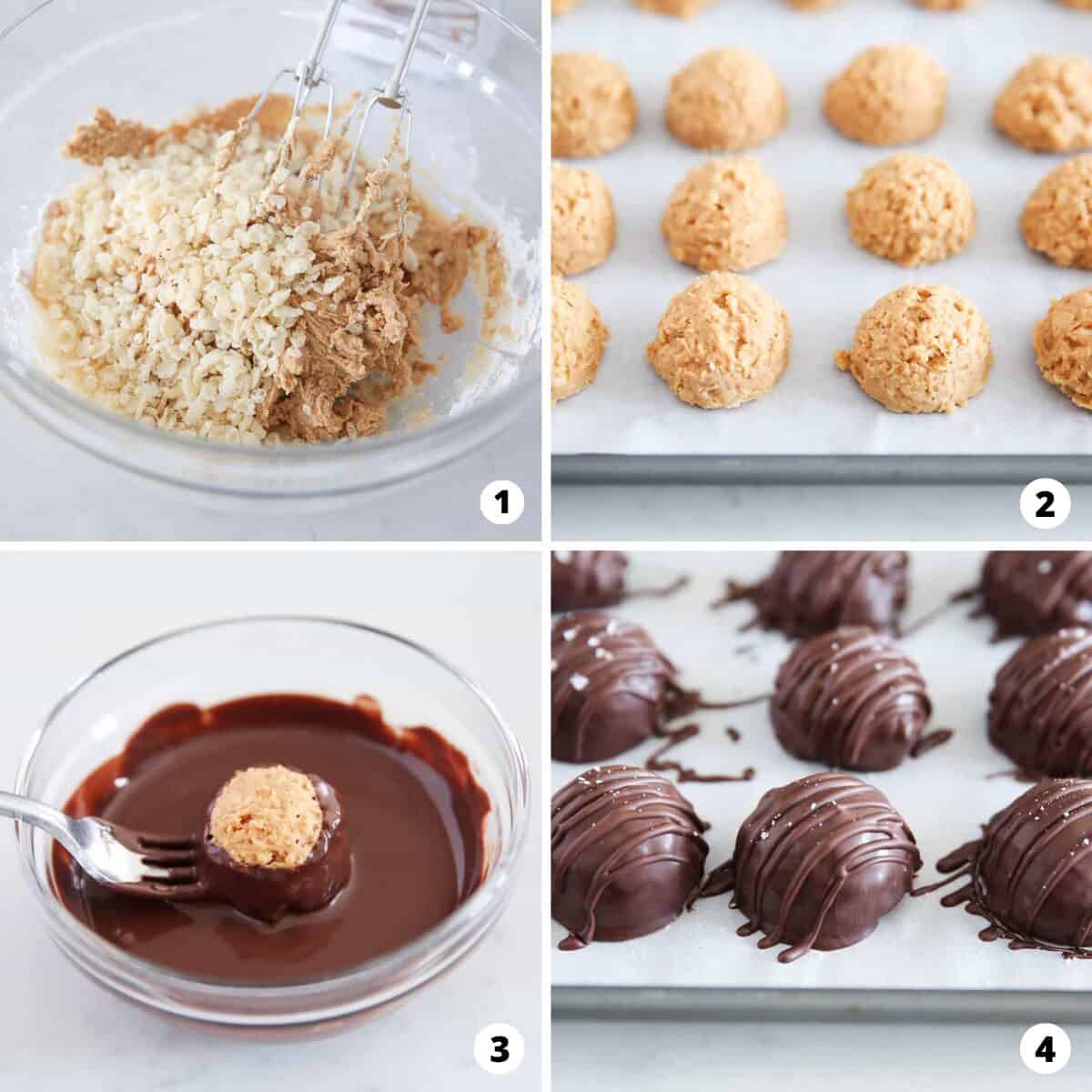Step by step photo collage of how to make rice krispie peanut butter balls.