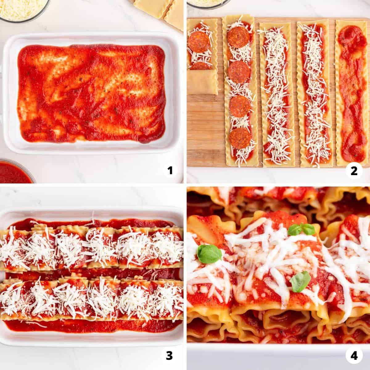 Step by step photo collage of how to make pepperoni lasagna roll ups.