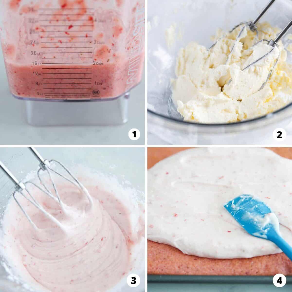 Step by step photo collage of how to make strawberry cream cheese frosting.