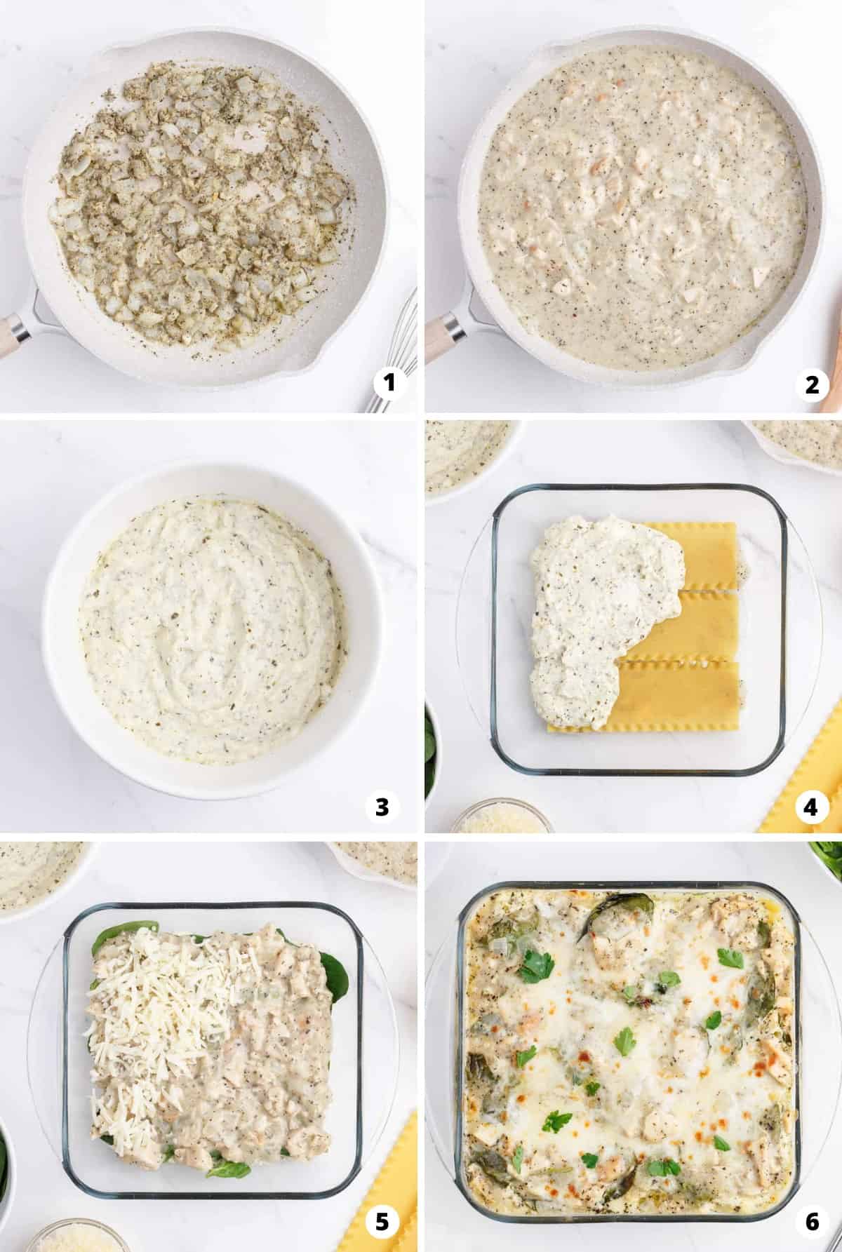 A step by step photo collage of how to make white chicken lasagna.