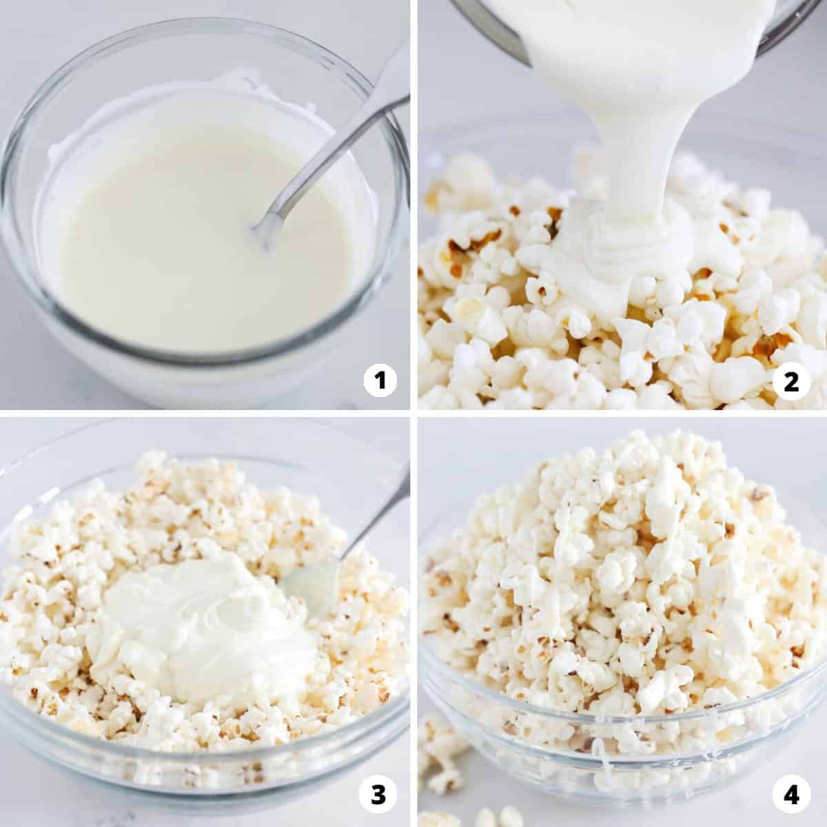 Step by step photo collage showing how to make white chocolate popcorn.