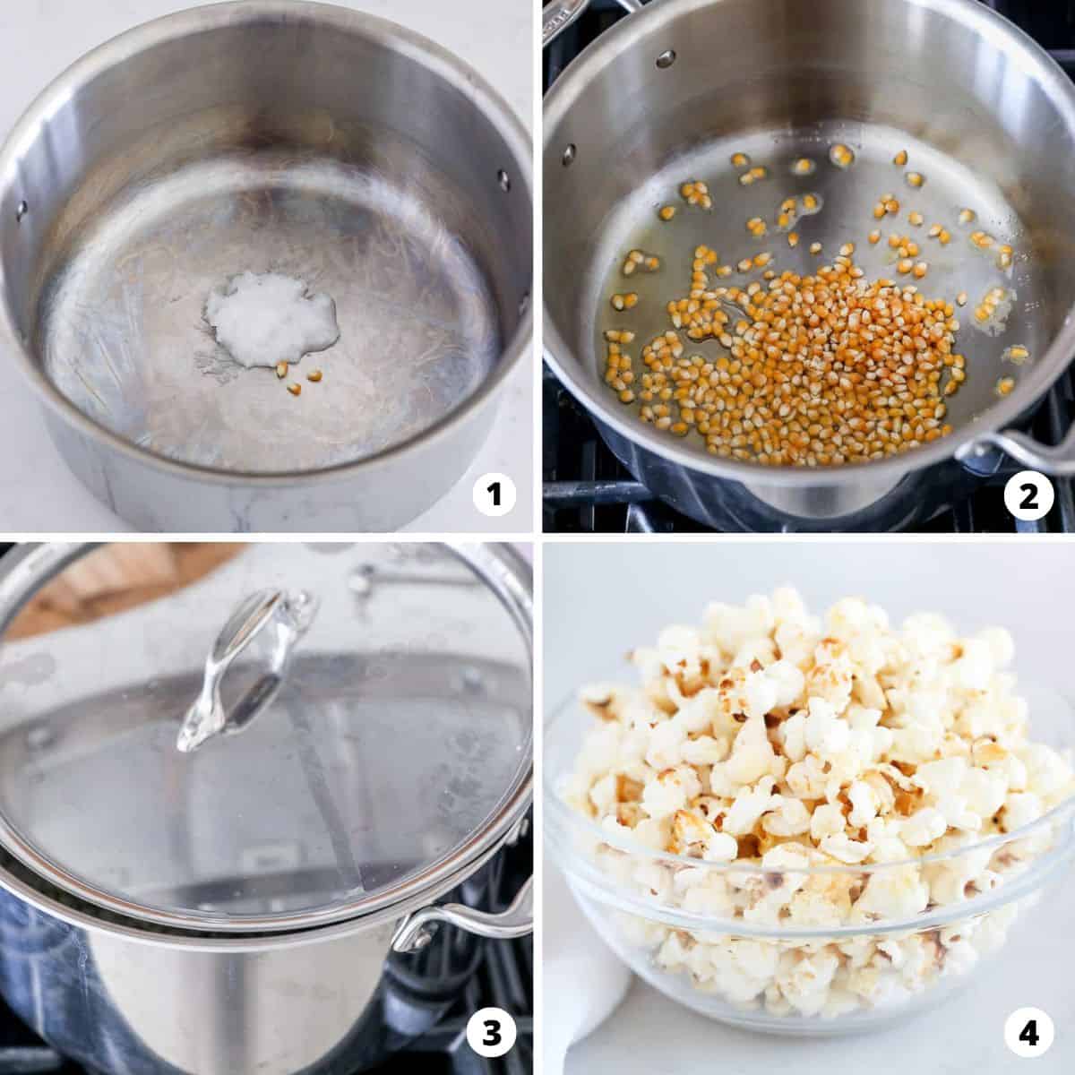 Step by step photos showing how to make kettle corn on the stove.