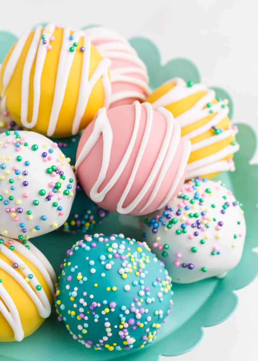 easter cake balls on blue plate