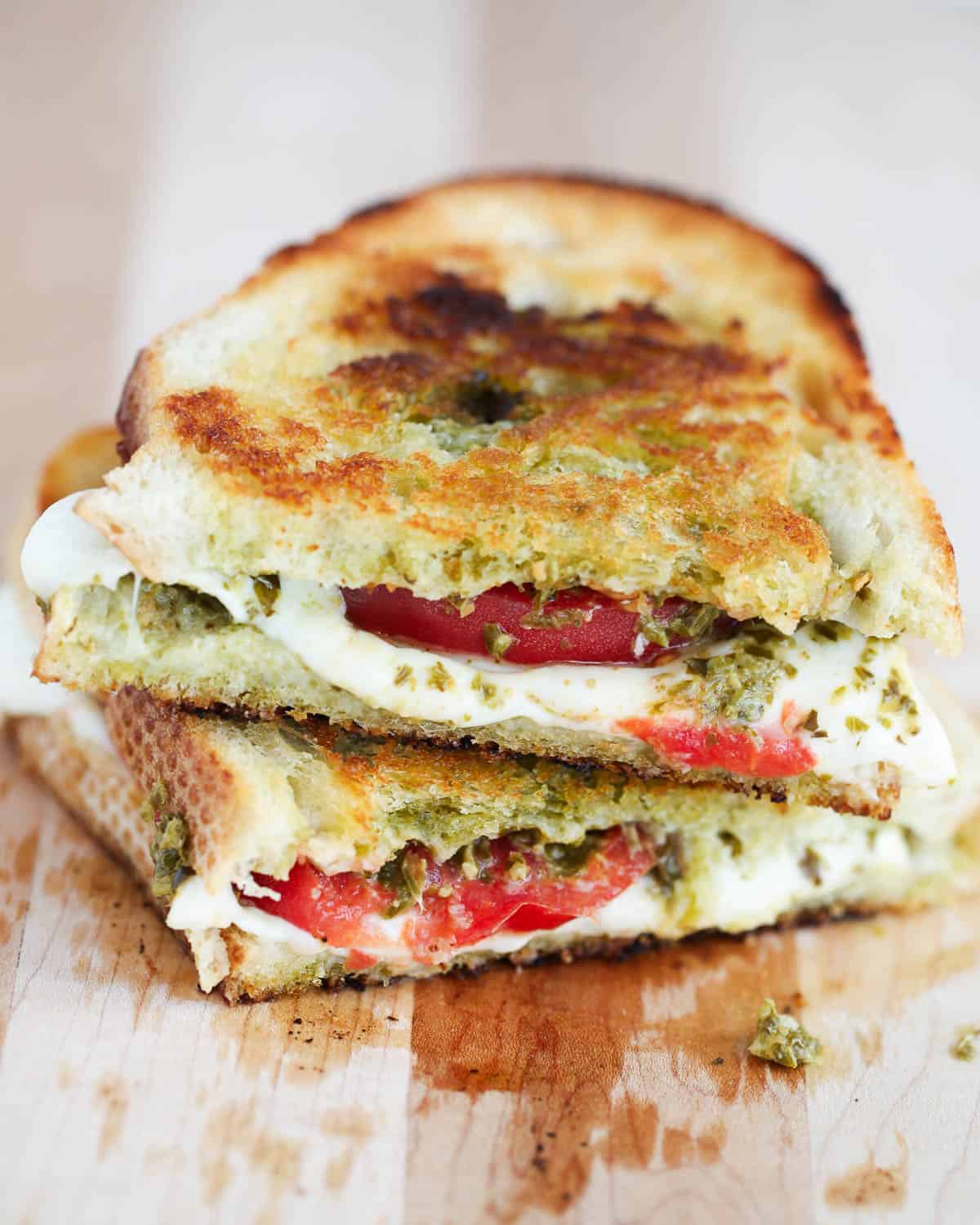 Stacked caprese sandwich.