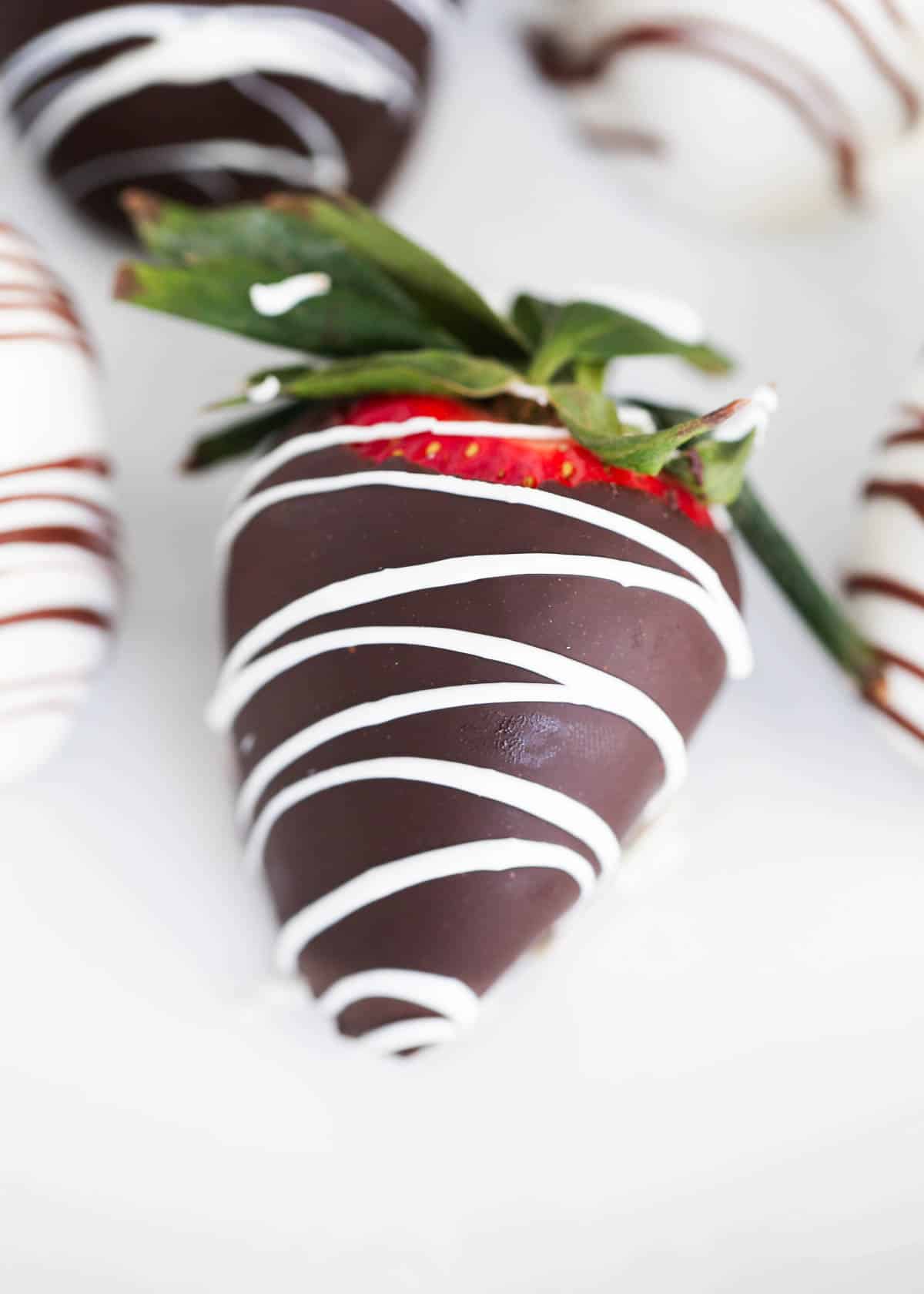 Chocolate covered strawberries on white plate.