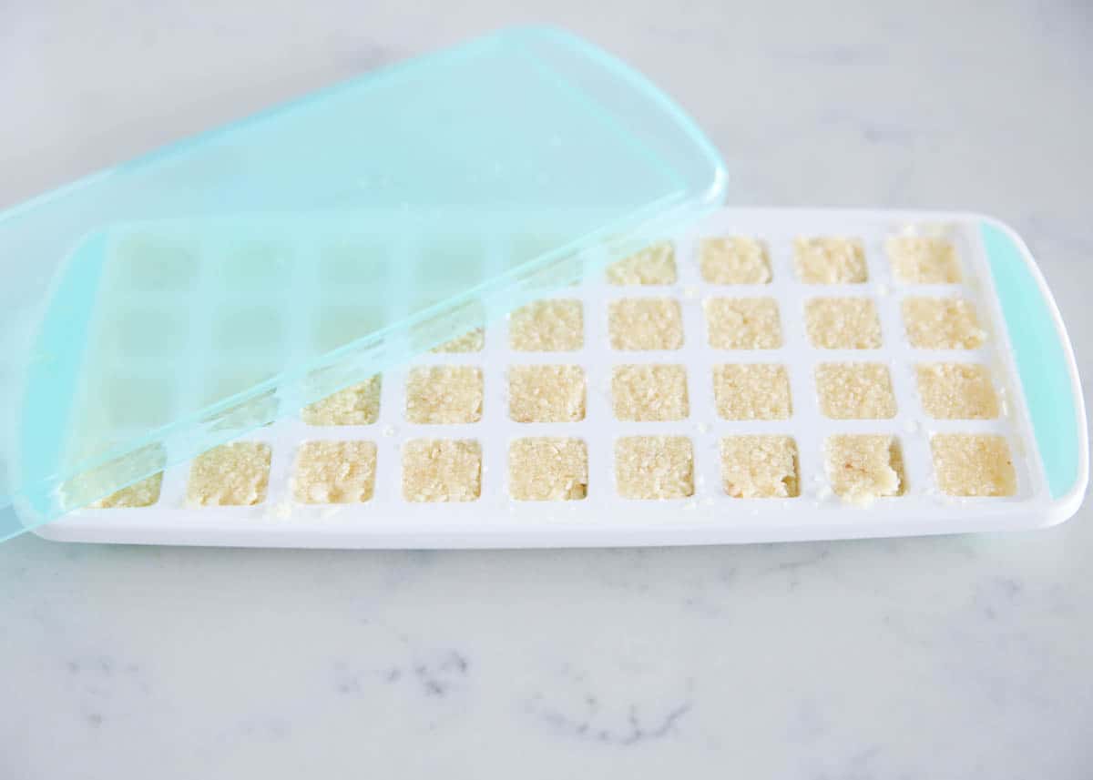 minced garlic in ice cube tray