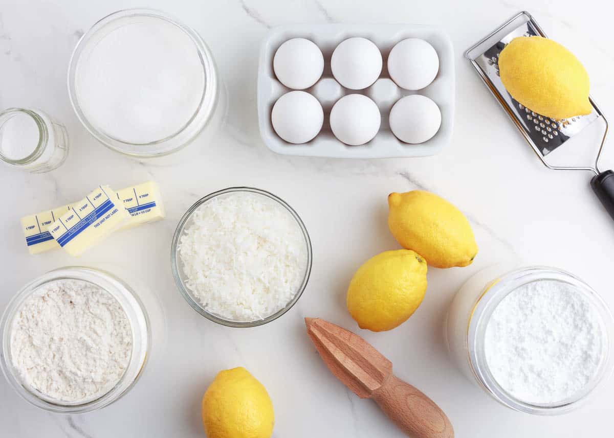 lemon bar ingredients on counter