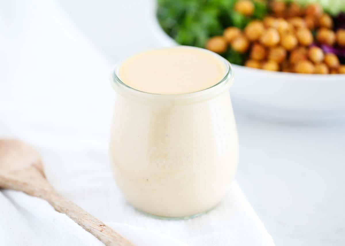 lemon tahini dressing in jar