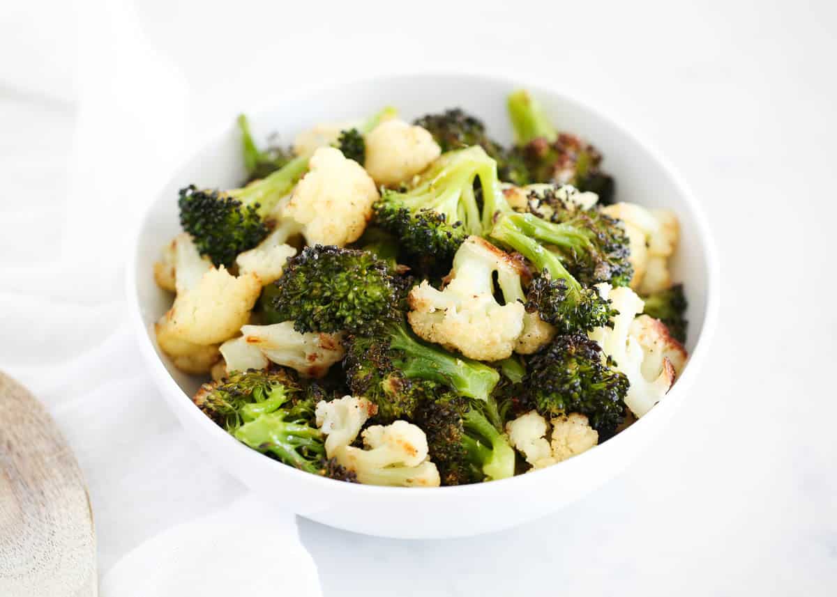 roasted broccoli and cauliflower in a bowl