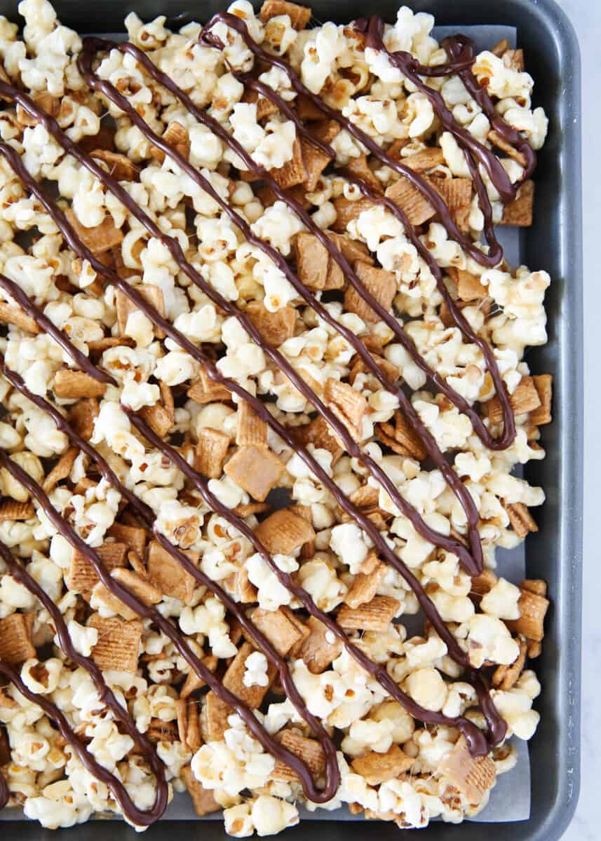 s'mores popcorn on baking sheet