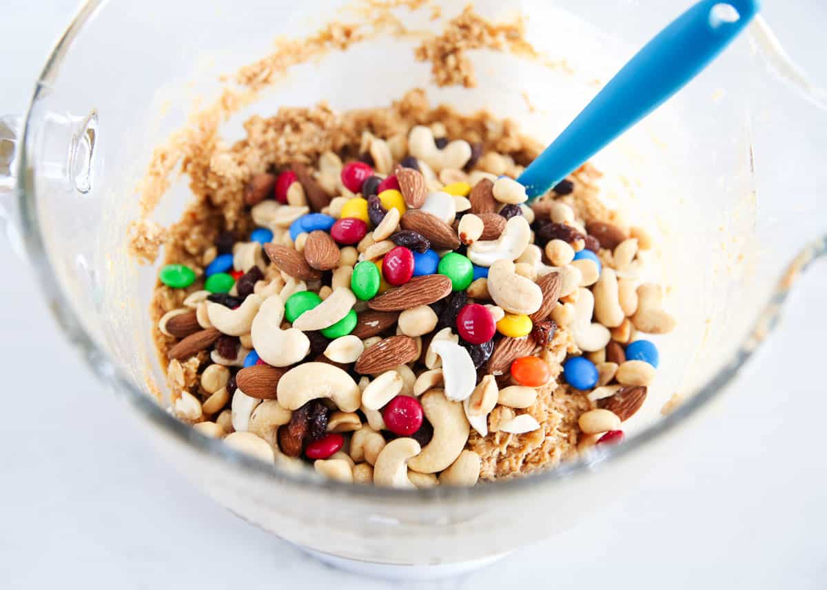 Trail mix cookie dough in bowl.