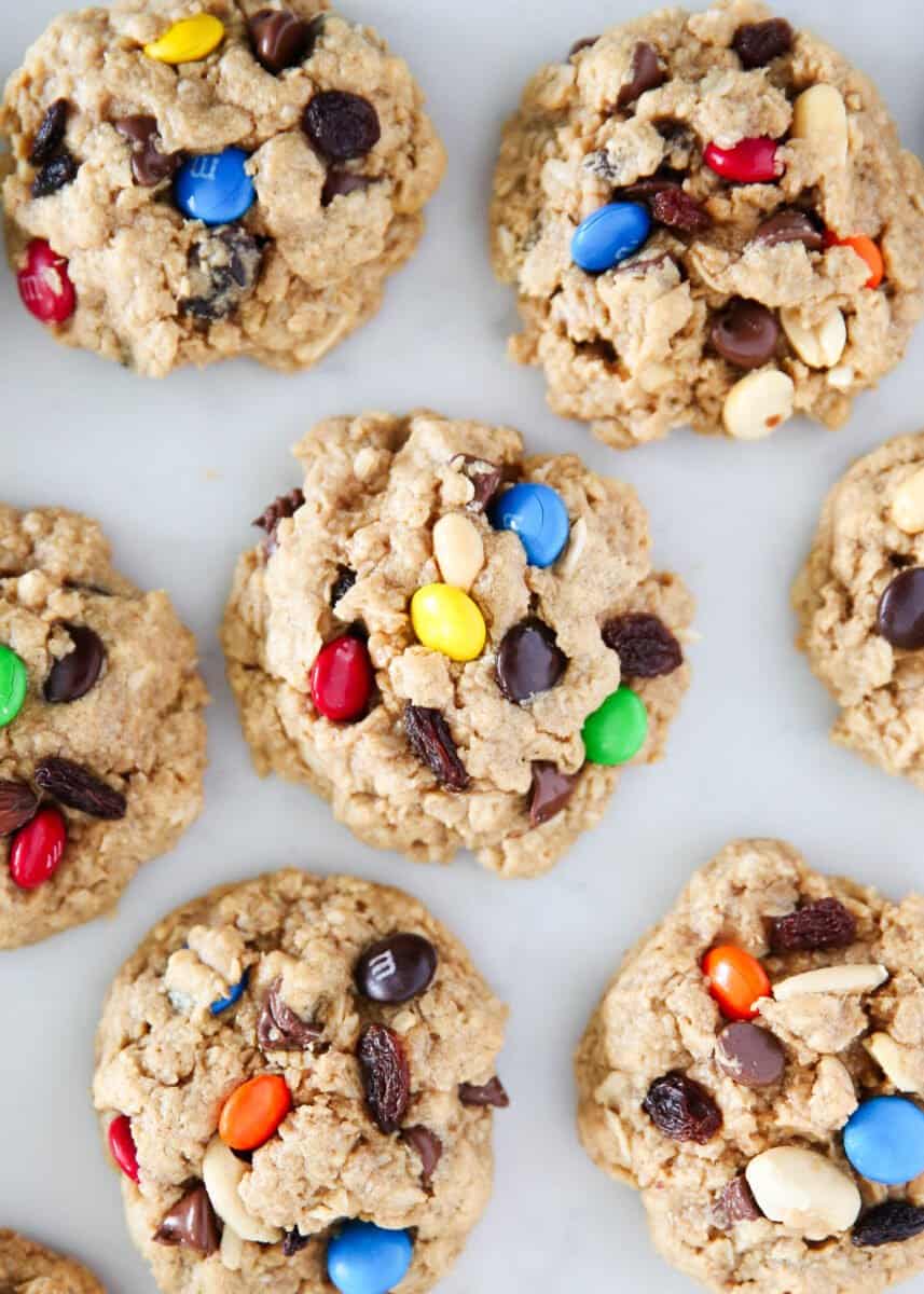 Trail mix cookies on counter.
