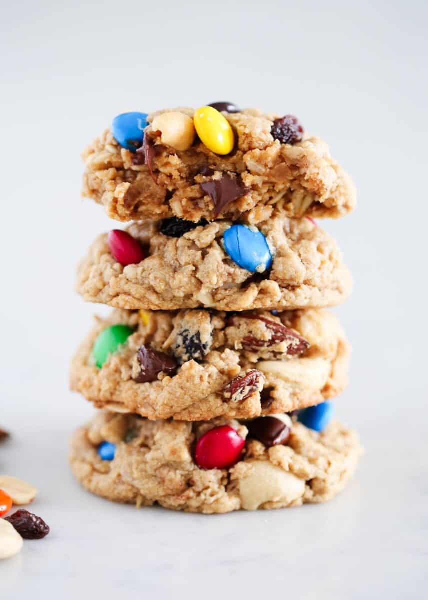 Close up of a stack of trail mix cookies.